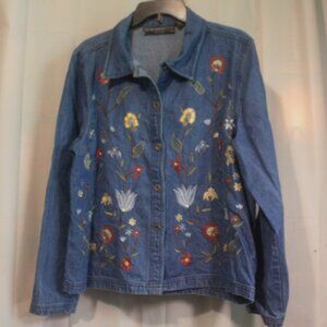 New Identity 100% Cotton Denim Floral Embroidered Jacket/Shirt Size Large